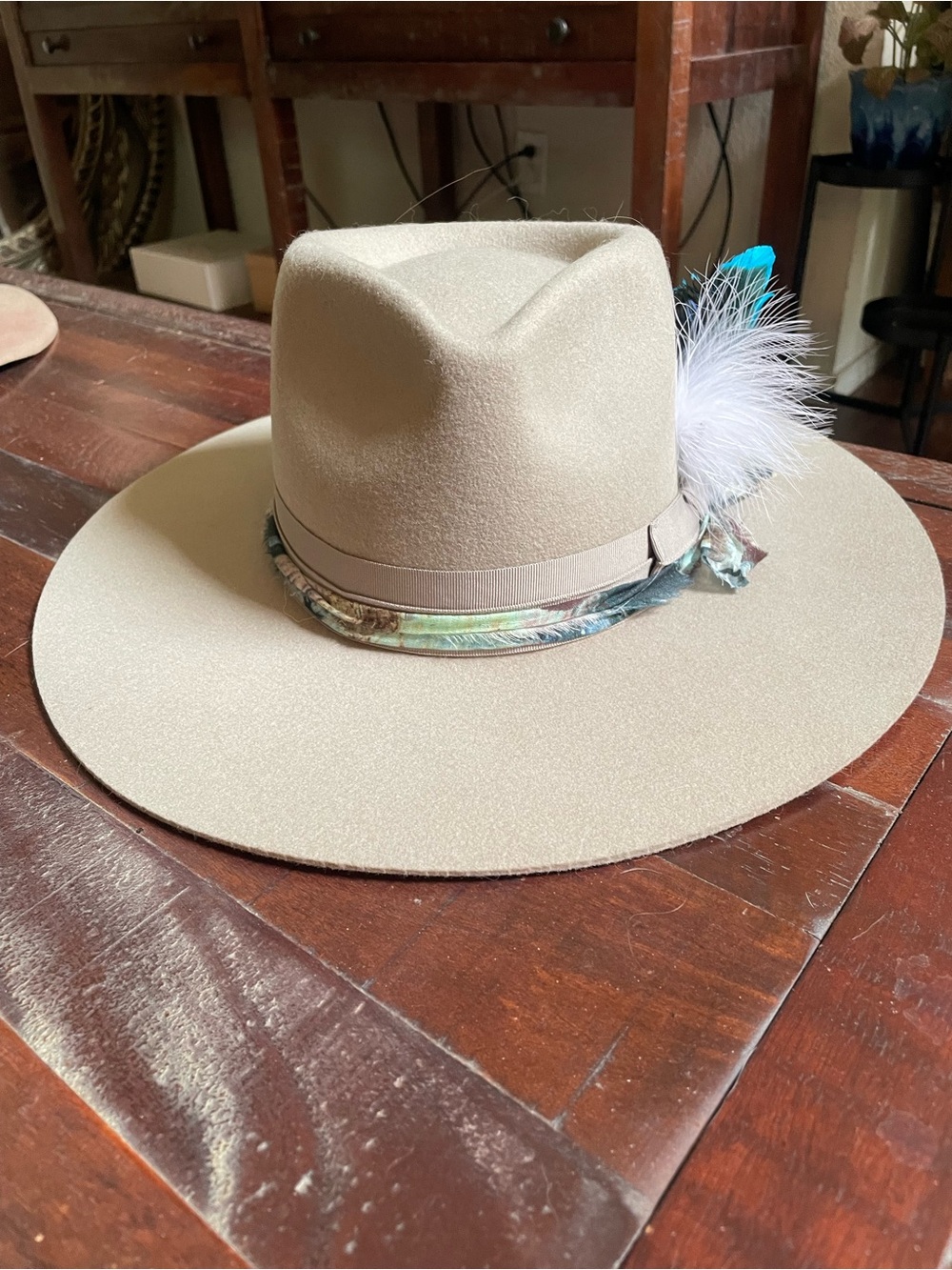 Beige Wide-Brim Wool Fedora with Feather Accent